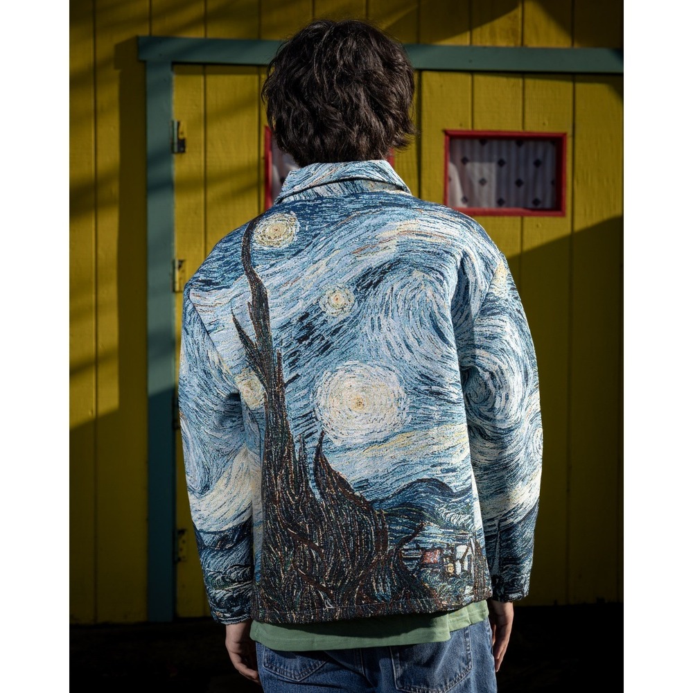 NWOT Super Massive Mens Starry Night Tapestry Jacket Van Gogh Art Woven Blue M - Picture 2 of 5